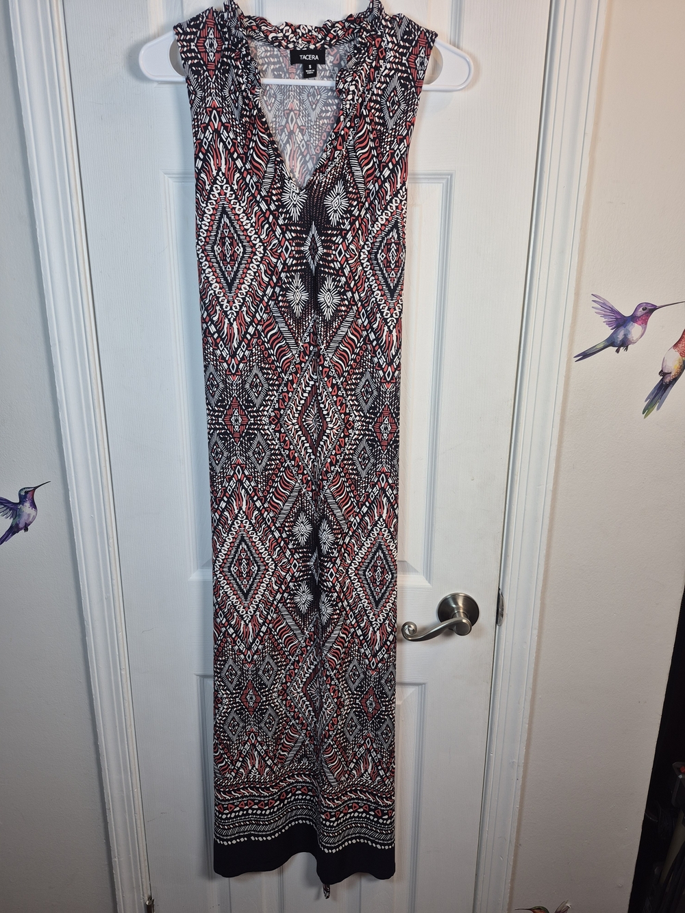 TACERA Boho Tribal Print Sleeveless Maxi Dress Small Geometric V-Neck Belted